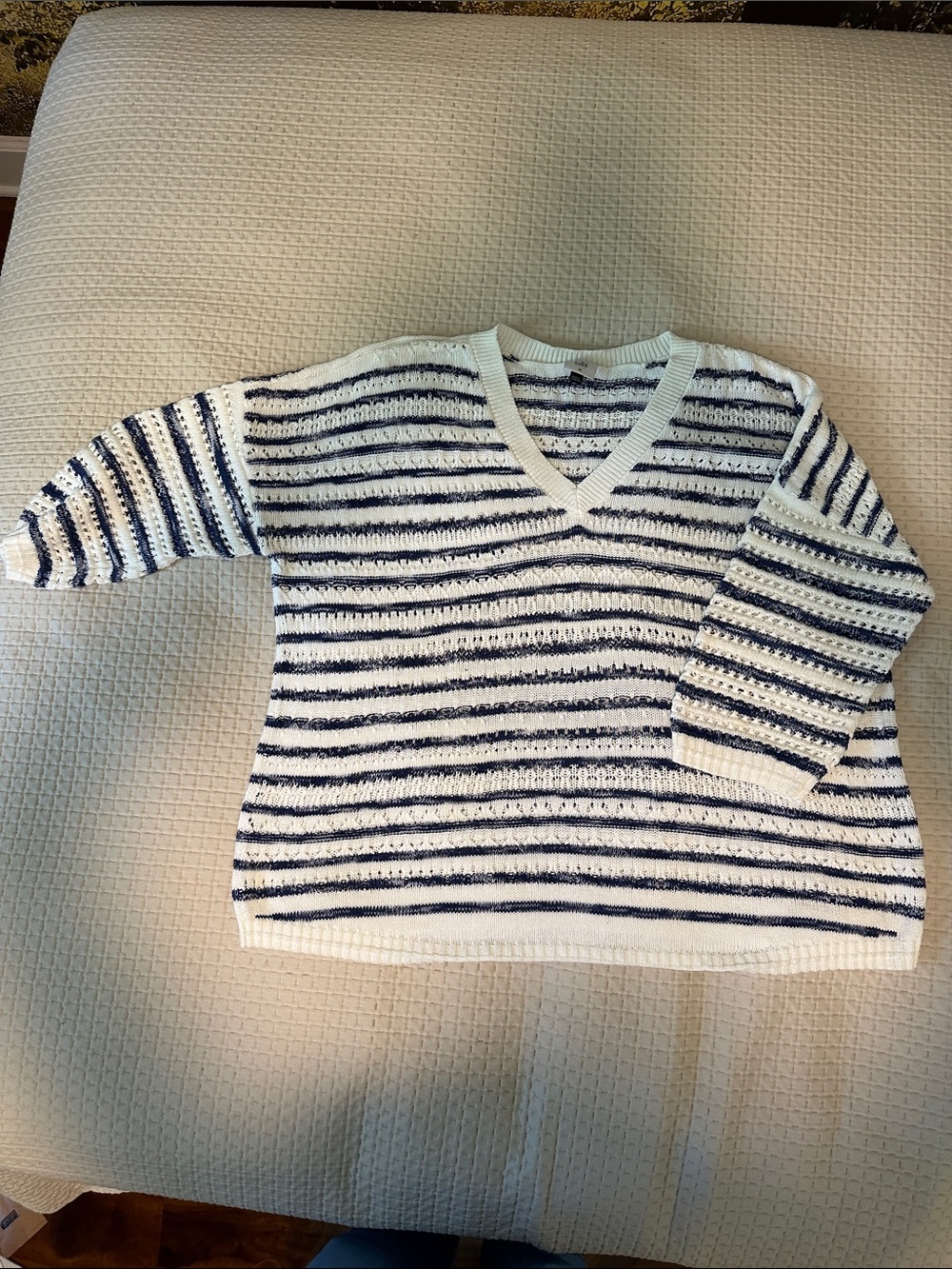 CAbi Striped V-Neck Oversized Sweater in White & Navy